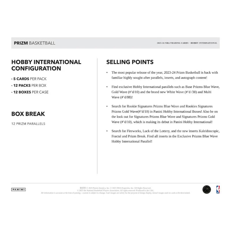 2023/24 Panini Prizm Basketball International Hobby Box