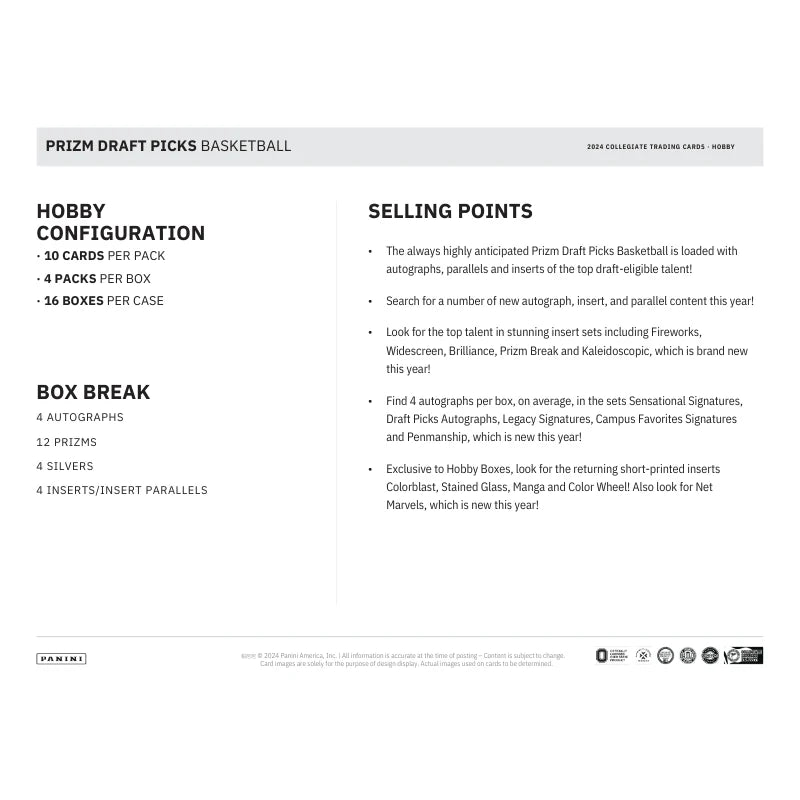 2024/25 Panini Prizm Draft Picks Collegiate Basketball Hobby Box